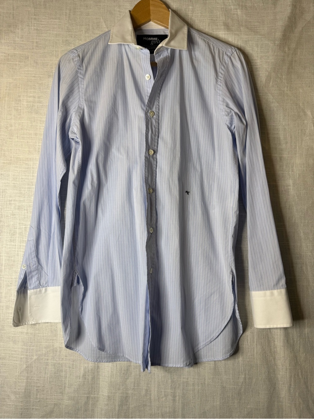 Homme girls Classic Light Blue Pinstripe Dress Shirt with White Contrast Collar